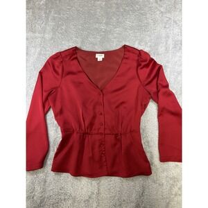 J Crew Top Womens 2 Red Crepe Button Front V-Neck Ruched Waist Satin‎ Lined